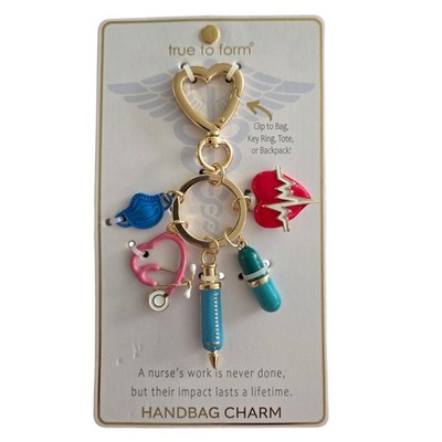True To Form Nurse Handbag Charm Keychain Medical Stethoscope Syringe Gold Tone