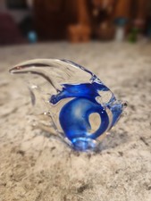 Art Glass Angel Fish Hand Blown Murano Style Paperweight Figurine Blue 3.5"