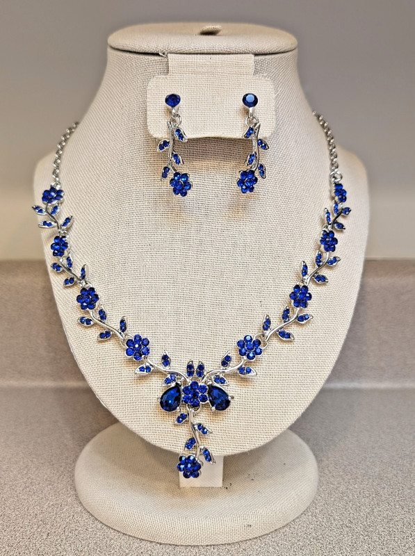 Elegant Silver Tone Necklace and Earring Set with Cobalt Blue Glass Stones