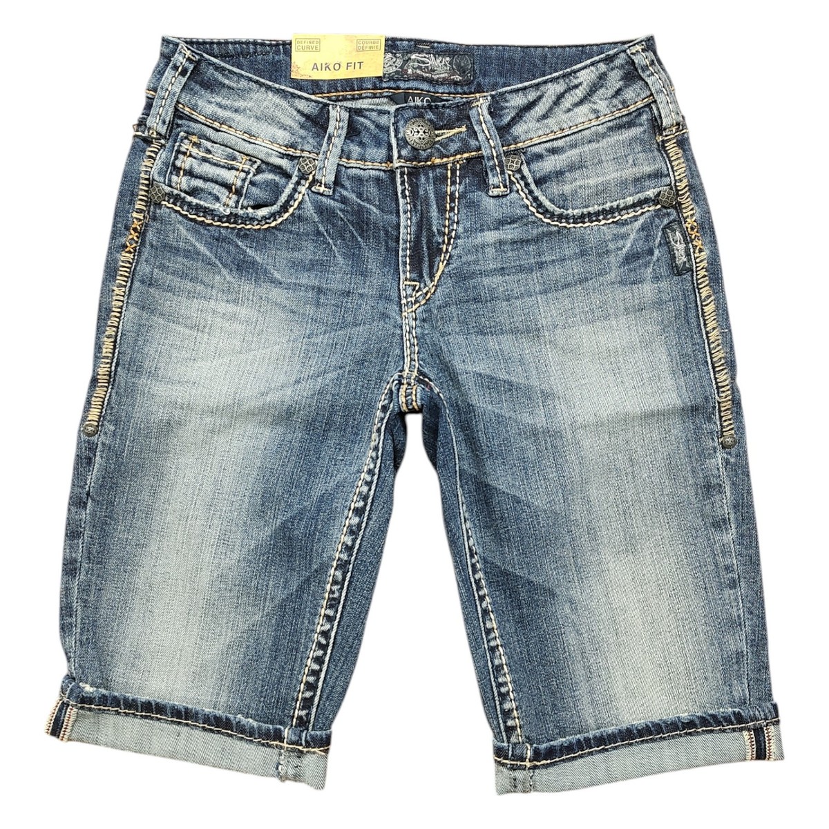 【COLOR iN ID】graish denim shorts NWT Silver Jeans Bermuda Shorts AIKO Curvy Fit Mid Rise Blue