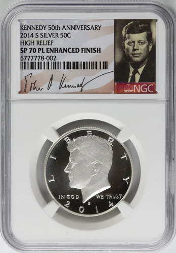 2014 S Silver 50C High Relief SP 70 PL Enhanced Finish Kennedy 50th Anniversary
