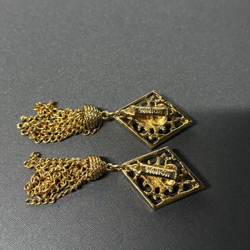 Orecchini Vintage Monet Clip-On Pendenti Nappa Tono Oro Filigrana Diamante Firmati - Foto 3 di 12