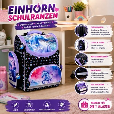 Einhorn 10 Derform Schulranzen Schulrucksack für Mädchen mit einem Fach