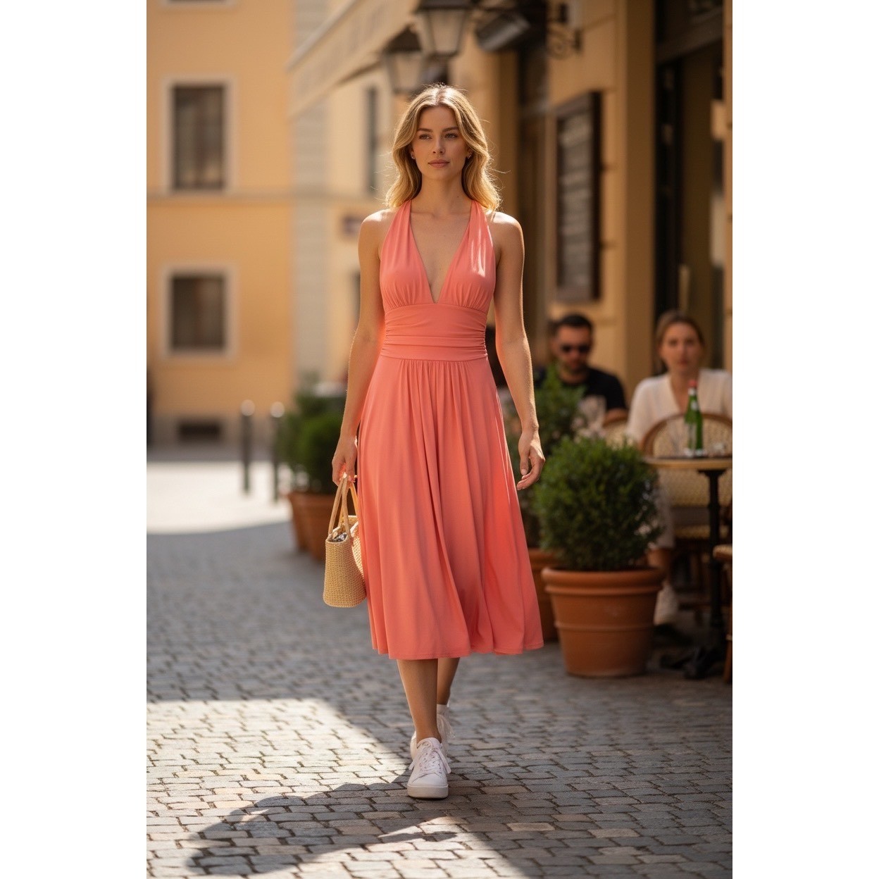 Vintage il loui Coral Pink Romantic Deep V-Neck Ruched Midi Dress Made in USA