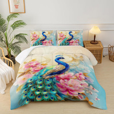 Vibrant Peacock Floral Comforter Set - Colorful Animal Print Bedding