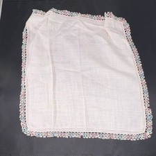 White Cotton w/pink, Light blue handmade, tatted Lace Trim Handkerchief