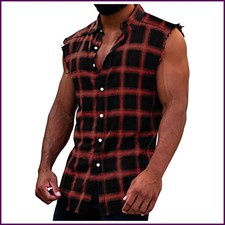 Mens Sleeveless Flannel Tank Tops Casual Loose Button Down Cowboy Plaid Snap