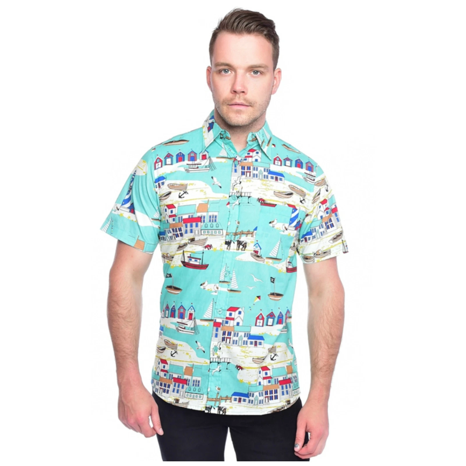 Seaside Beach Print Shirt by Run and Fly Retro Summer HAwaiian S/M/L/XL/XXL BNWT