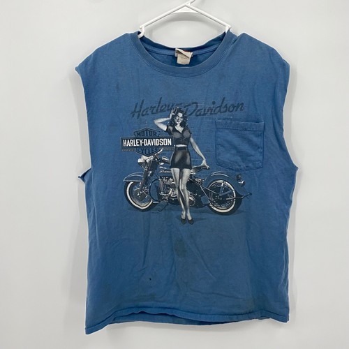 Harley Davidson Cut Off Shirt Sleeveless Motorcycles Pocket Blue Size L Mens