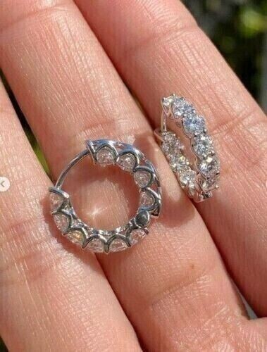 2Ct Round Cut Lab-Created Moissanite Hoop Huggie Earrings 14K White Gold Plated - Picture 5 of 7