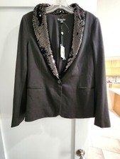 Adrianna Papell Women's Sequin Lapel Ponte Black Blazer Jacket Size S New
