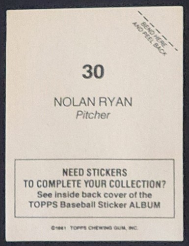 2-NOLAN RYAN 1981 TOPPS STICKERS - #'s 30 & 173 - HALL OF FAME - HOUSTON ASTROS - Picture 4 of 7