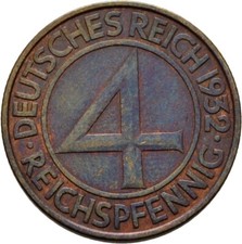 Deutsches Reich 4 Reichspfennig 1932 A Berlin M&uuml;nze  4,9 g  Original #TCK290