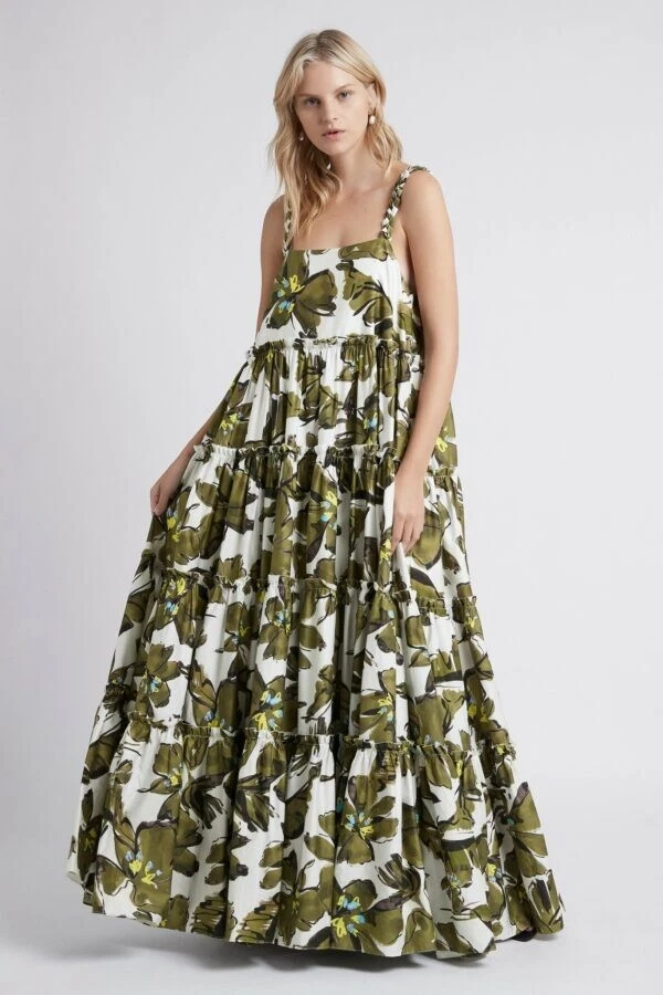 Aje Oasis Strap Maxi Dress Olive Leaf Green Braided Straps Tiered