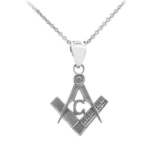 .925 Sterling Silver Freemason Small Square & Compass Pendant Necklace