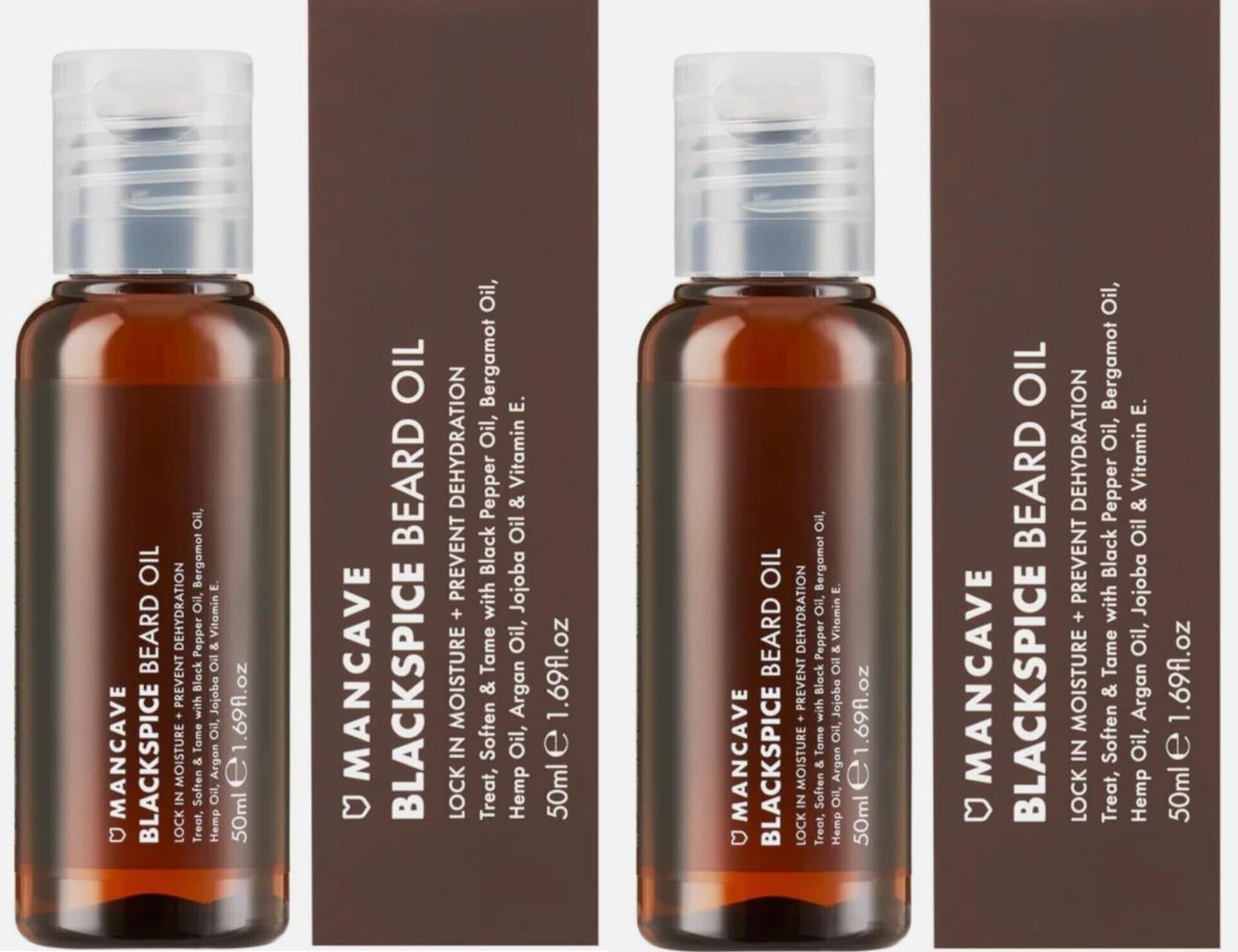~2 x NEW BOXED Beard Oil Blackspice 50ml ManCave with Argon & Hemp Oil Vegan