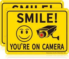2-Pack Smile You’re On Camera Sign Video Surveillance Signs Outdoor. 10 X 7 In