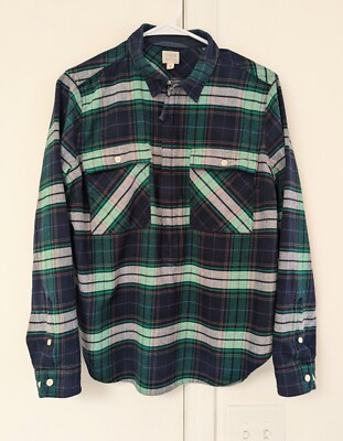 J.Crew Green and Navy Blue Plaid Shirt Jacket Popover 1/2 Zip Flannel Women's M