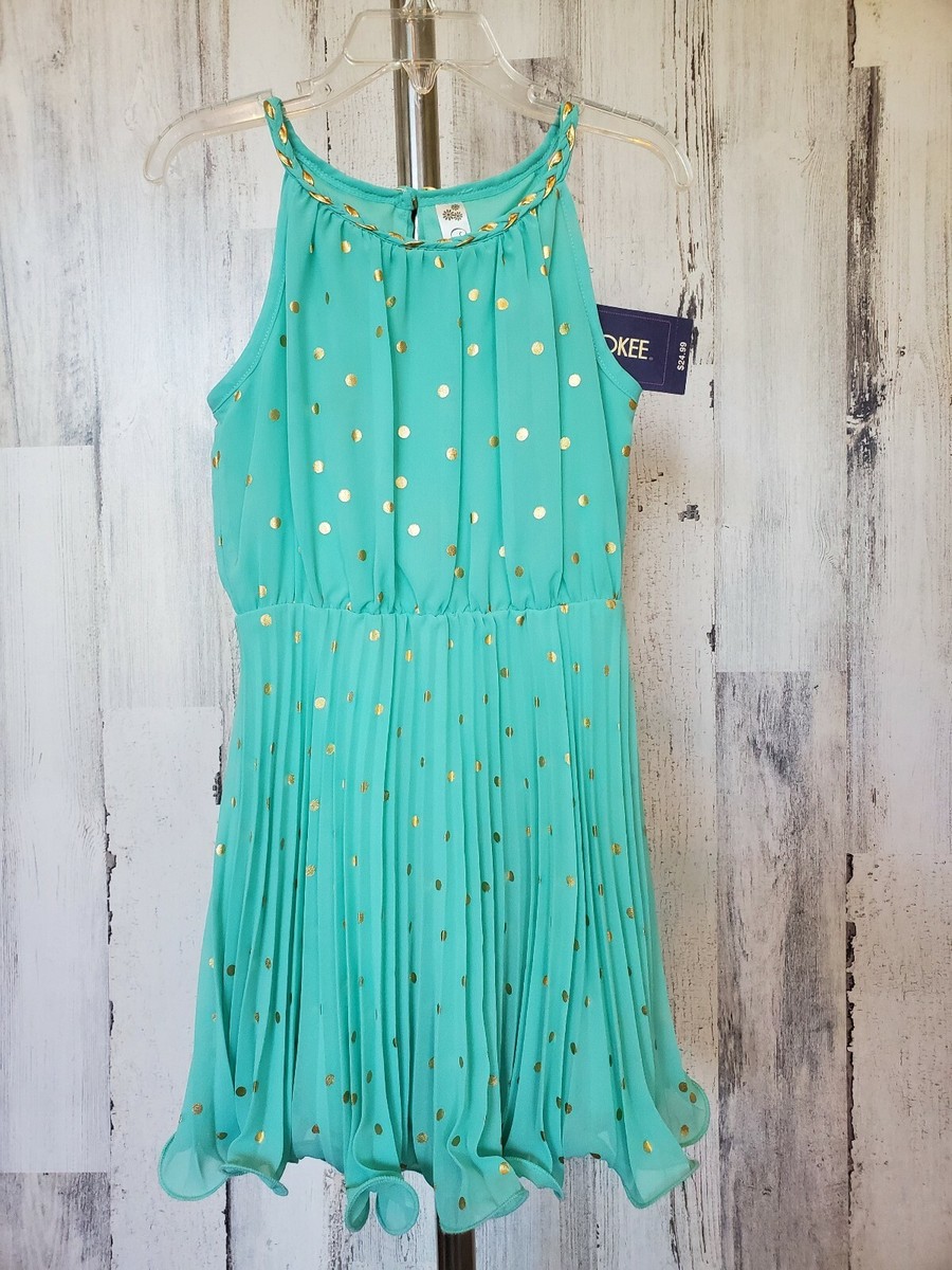 Cherokee Mint Green Gold Polka Dots Pleated Sleeveless Dress Sz 4/5 NWT |  eBay