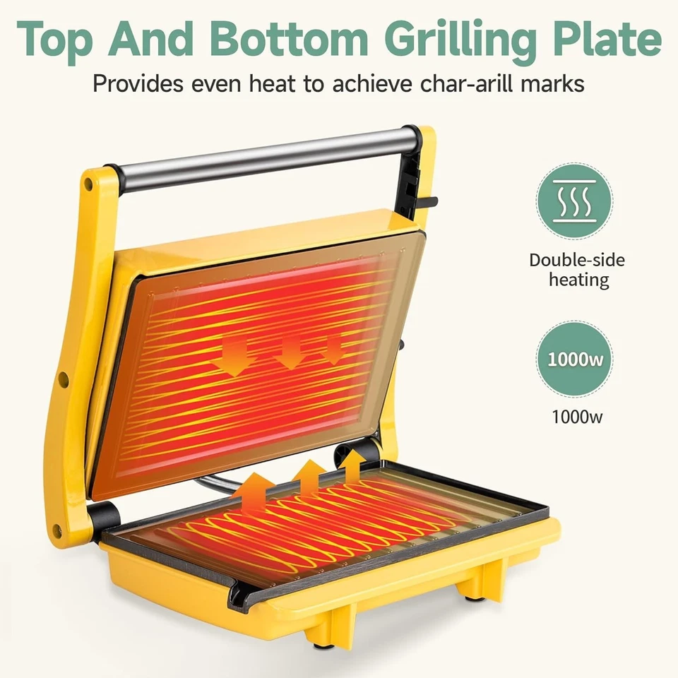 Пресс-гриль SUSTEAS Panini — устройство для приготовления сэндвичей с антипригарной варочной пластиной желтый - Изображение 2 из 4