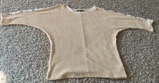 Doe & Rae Beige Sweater, Women’s Small, Buttons On Top Of Sleeves, 3/4 Sleeves