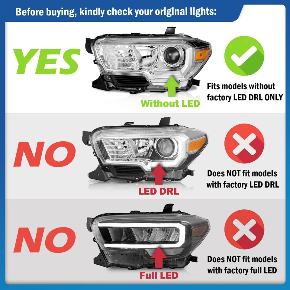 Pair Headlights Assembly For 2016-2022 Toyota Tacoma Headlamps w/o LED DRL Foto 2 de 4
