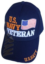 US Navy Veteran, with flag, Veteran on side, navy blue hat