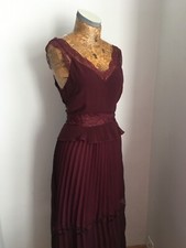RIVER ISLAND DRESS MAXI Burgundy Lace chiffon bleated V neck formal long NEW 10
