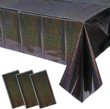 3 Pack Iridescent Black Plastic Tablecloths, Shiny Disposable Laser Rectangle Ta