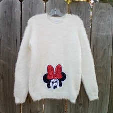 MINNIE MOUSE FUZZY SWEATER SZ 15-18 YEARS (170-174cm) WHITE PULLOVER ROUND NECK