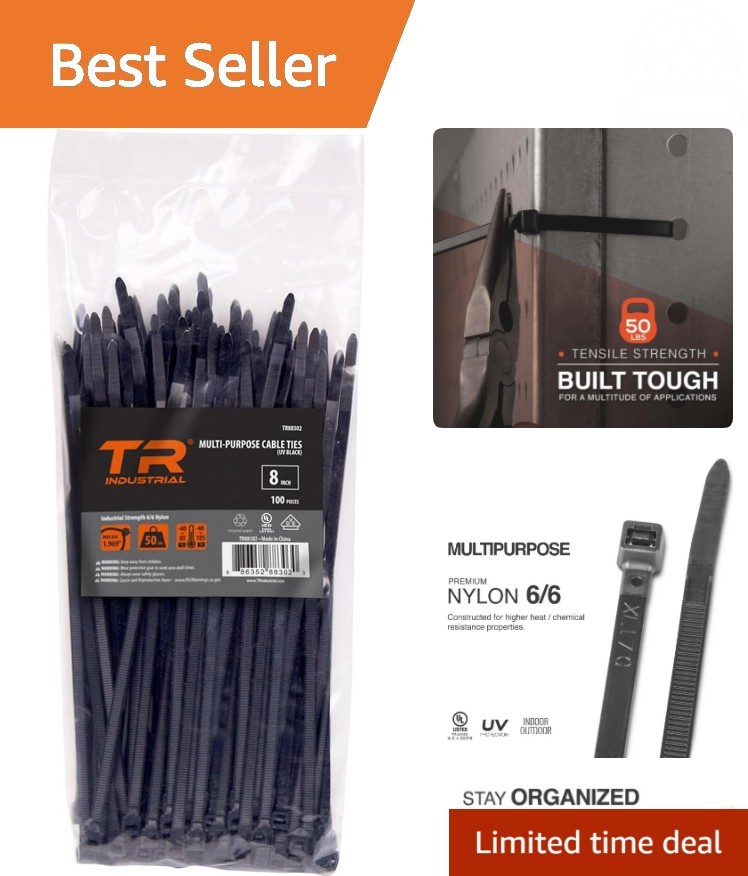Versatile 100 Pack Black Cable Ties - 8 Inches, 50 lbs Strength and UV Resistant