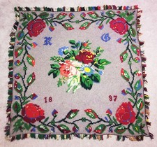 Unusual Antique 1897 Victorian Netted Wool Needlework Piano Shawl / Tapestry