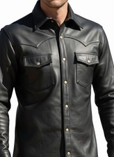 Mens Handmade Black Genuine Lambskin Leather Shirt Button up Real Leather Jacket