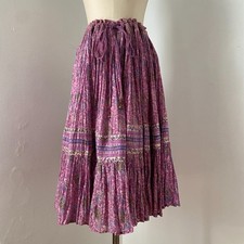 Vintage 1970s Purple Indian Cotton Skirt Block Print Midi Gauze One Size