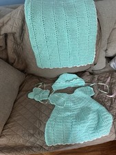 Beautiful Hand Crocheted Baby Girl Dress, Booties, Hat,  Blanket. New