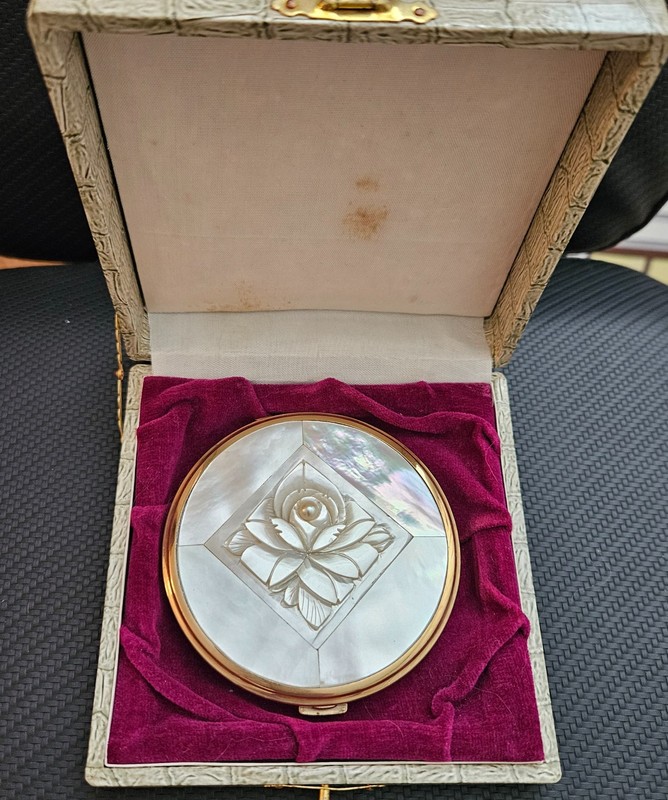 Vintage Mother of Pearl Powder Mirror Compact in Original Box