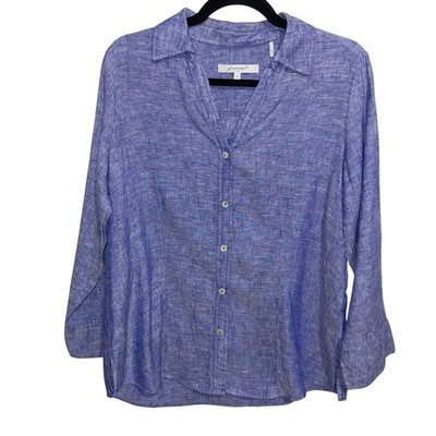 Foxcroft NYC Shirt Womens Medium Blue Chambray Linen Button Coastal Resortwear