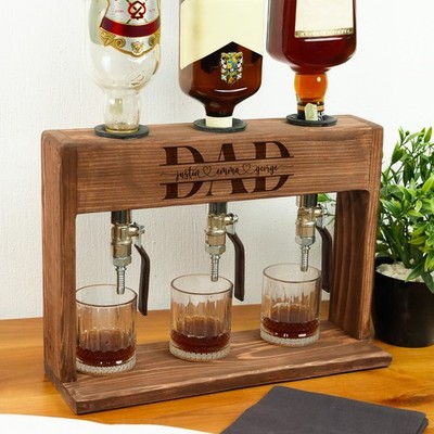 Wooden Personalized Whiskey Dispenser: Home Bar Stand with Leather Tap & Glasses