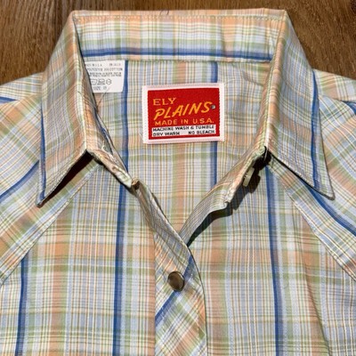 NOS Ely Plains Shirt Pearl Snap Plaid Vintage 70s Western 