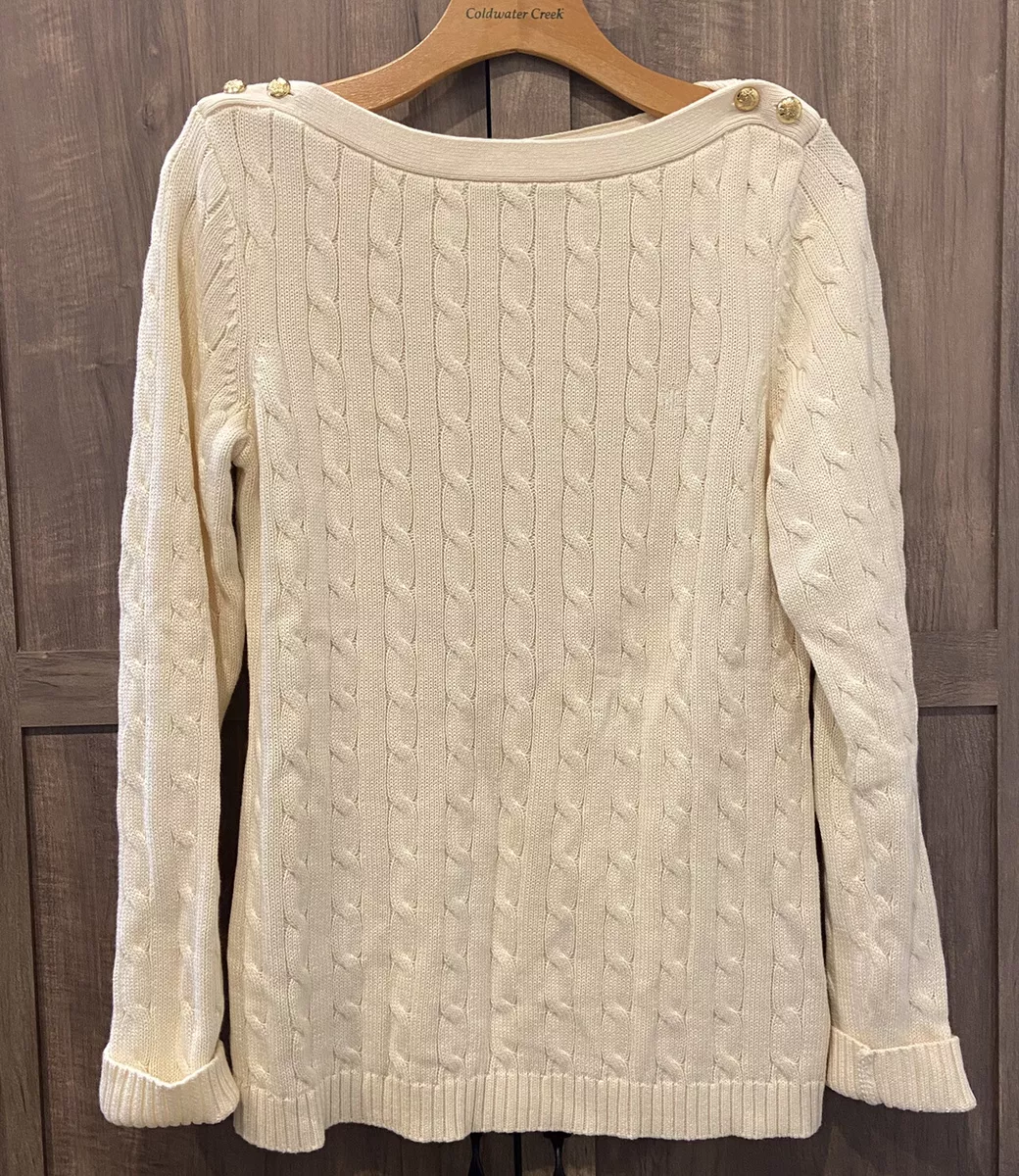 Lauren Ralph Lauren Cable Knit Sweater Cream Gold Buttons Boat Neck Large