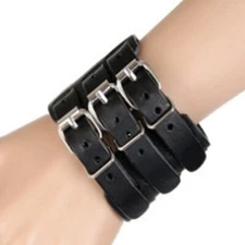Mens Leather Wide Triple Strap Cuff Wrap Wristband Buckle Fastening Bracelet