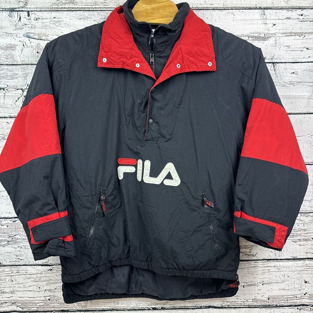 Fila Giacca Uomo Rosso Nero Logo Outdoor Puffer Zip Pullover Anni 90 [Taglia Media]