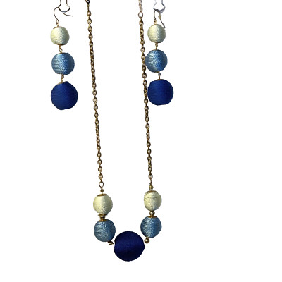 Blue Tones Thread-Wrapped Bead 20'' Necklace Matching Drop Earrings