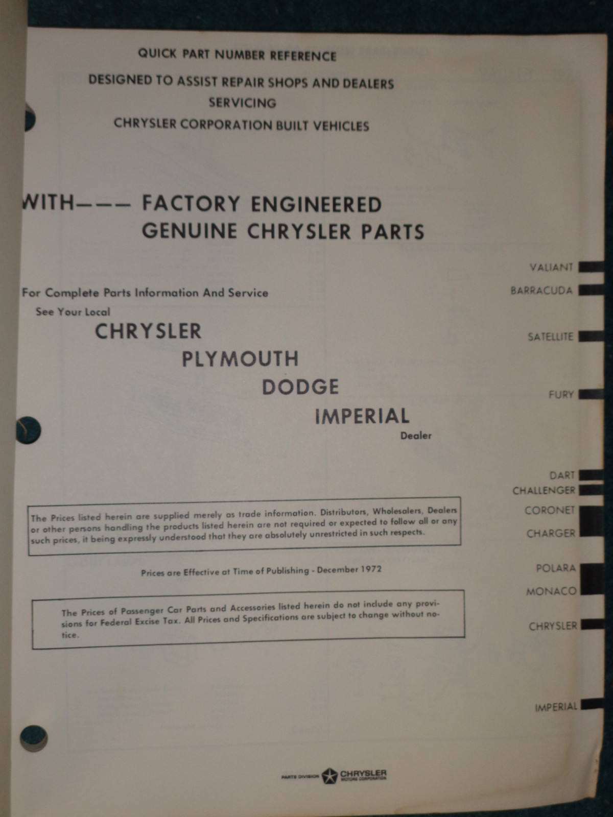 1973 CHRYSLER / PLYMOUTH / DODGE IMPERIAL COLLISION PARTS CATALOG