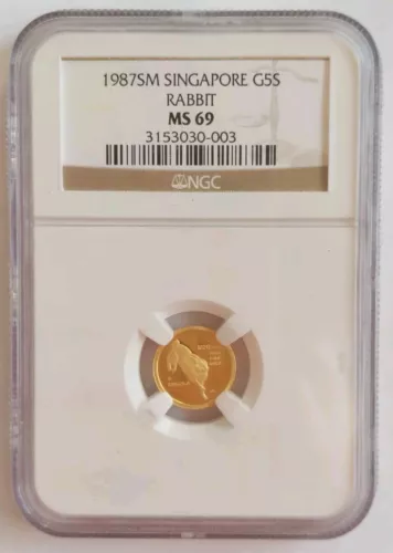 1987SM Singapore G5S 1/20 Oz Gold Rabbit NGC MS69 Coin
