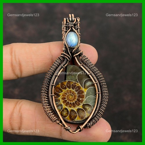 Ammonite Fossil Stone Rainbow Moonstone Copper Boho Wire Wrapped Pendant Jewelry - Picture 3 of 6