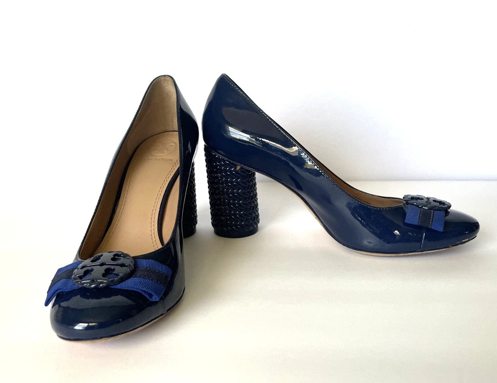 TORY BURCH MARTIME BLU VERNICE FIOCCO DÉCOLLETÉ NAUTICHE TACCO FIGURATIVO US 7