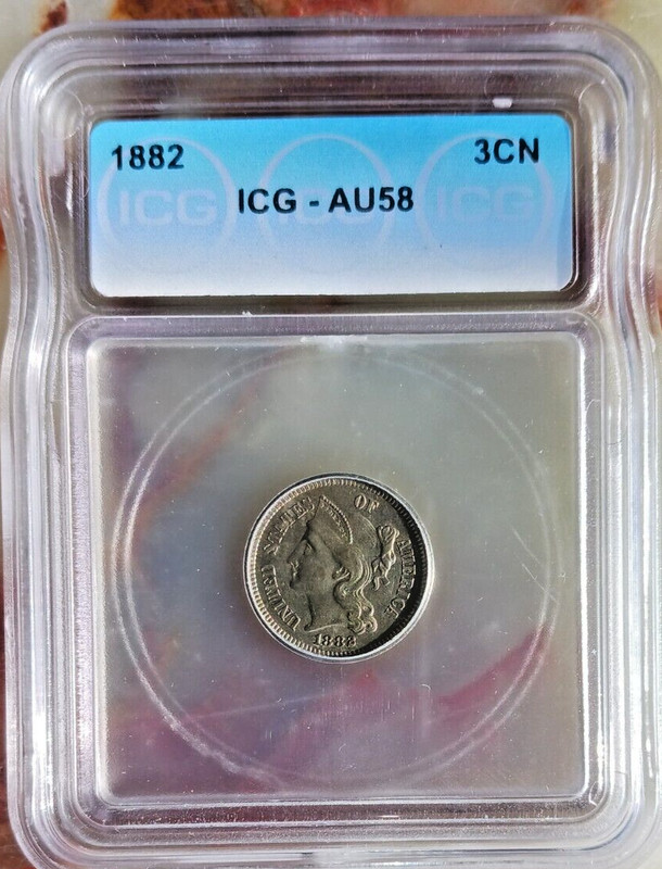 Almost Uncirculated 1882 Philadelphia Mint Three Cent Coin. ICG AU58.