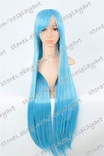US 40inch Cosplay Wigs with Bangs Blue Synthetic Super Long Hair