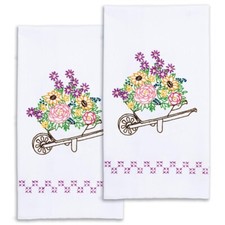 JACK DEMPSEY NEEDLEART Hand Towels Stamped Cross Stitch WHEELBARROW OF FLOWERS